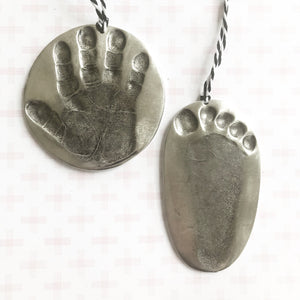 Baby handprints cast in pewter ornaments, baby footprint metal ornament, Christmas handprint ornaments 