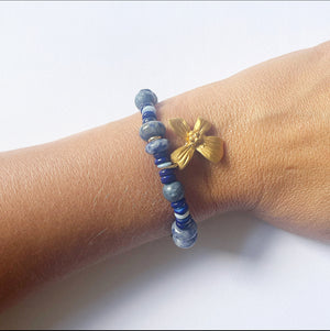 Dogwood jewelry, flower bracelet, blue beads with gold flower bracelet, southern jewelry